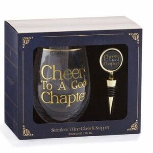 Cheers to a Good Chapter Stemless wine glass and stopper